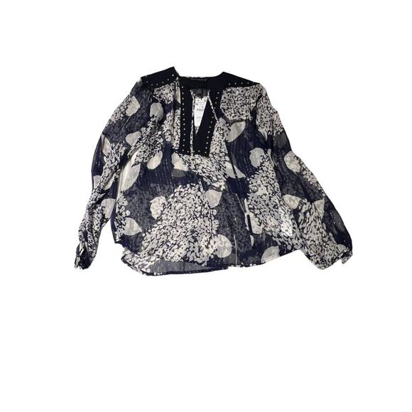 Zara Mulberry Silk Navy/Ecru Long Sleeve Blouse with Studs Women's Size Medium N - Picture 2 of 16